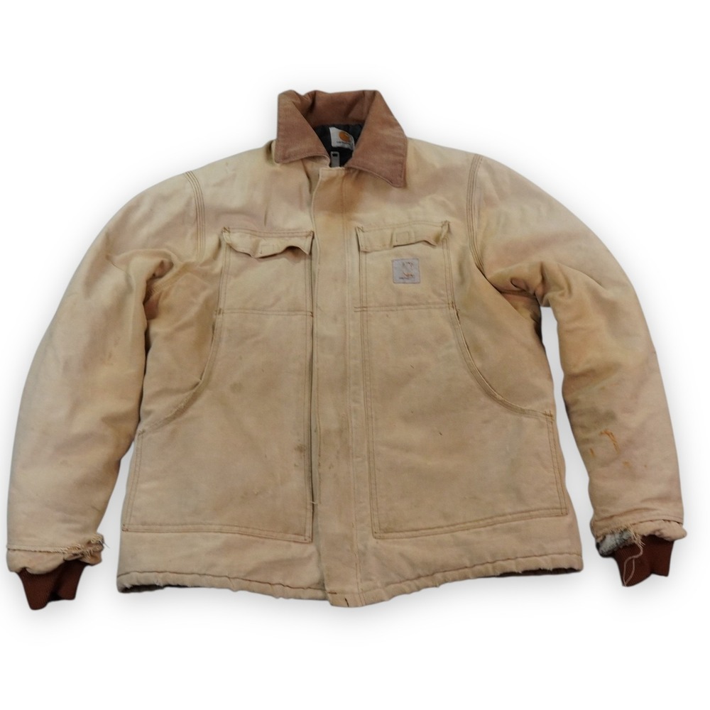 Carhartt Chore Jacket Mens L Sandstone Tan Canvas Corduroy Collar Distressed